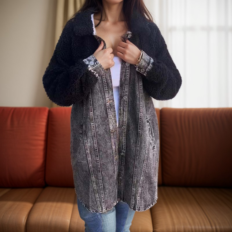 Negozio Laura - Giacca di jeans lunga con pelo