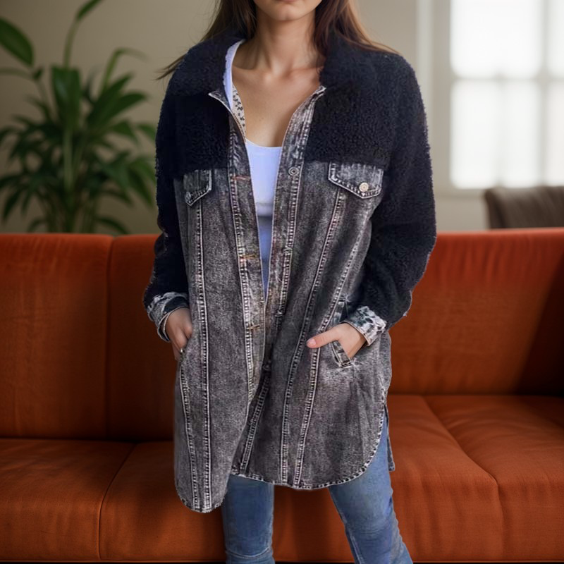 Negozio Laura - Giacca di jeans lunga con pelo