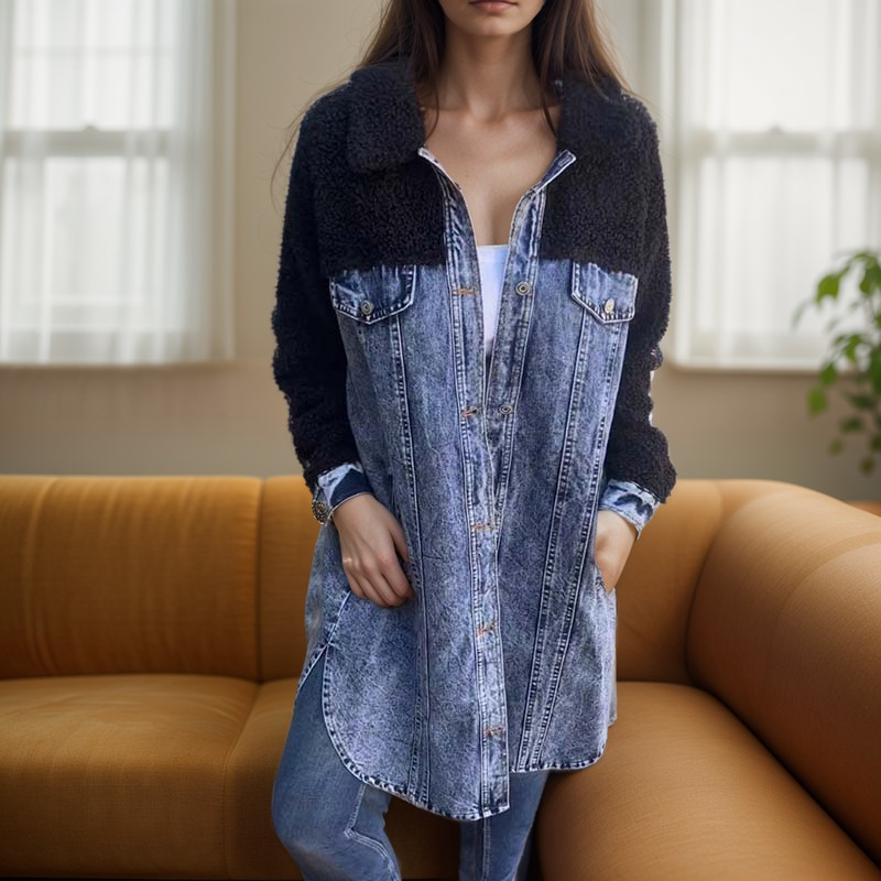 Negozio Laura - Giacca di jeans lunga con pelo