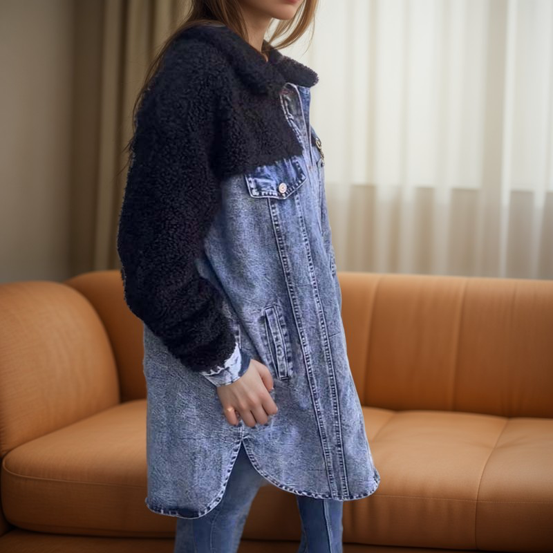 Negozio Laura - Giacca di jeans lunga con pelo